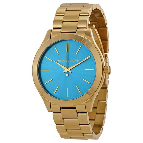 michael kors runway gold dial blue strap women& 39|Michael Kors slim runway.